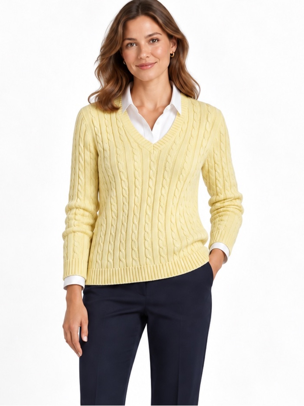 LL Bean Cable Knit Sweater Small Yellow‎